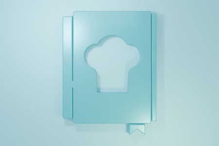 Blue Cookbook icon isolated on blue background. Cooking book icon. Recipe book. Fork and knife icons. Cutlery symbol. Minimalism concept. 3D render illustration.の写真素材