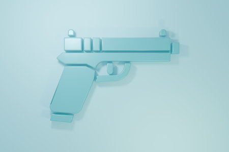 Blue Pistol or gun icon isolated on blue background. Police or military handgun. Small firearm. Minimalism concept. 3D render illustration.の写真素材