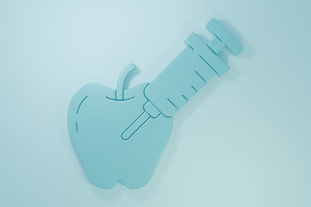 Blue Genetically modified apple icon isolated on blue background. GMO fruit. Minimalism concept. 3D render illustration.の写真素材