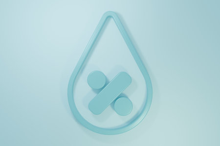 Blue Water drop percentage icon isolated on blue background. Minimalism concept. 3D render illustration.の写真素材