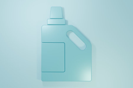 Blue Plastic bottle for laundry detergent, bleach, dishwashing liquid or another cleaning agent icon isolated on blue background. Minimalism concept. 3D render illustration.の写真素材