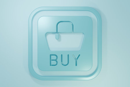 Blue Buy button icon isolated on blue background. Financial and stock investment market concept. Minimalism concept. 3D render illustration.の写真素材