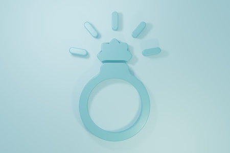 Blue Diamond engagement ring icon isolated on blue background. Minimalism concept. 3D render illustration.の写真素材