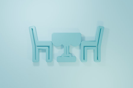 Blue French cafe icon isolated on blue background. Street cafe. Table and chairs. Minimalism concept. 3D render illustration.の写真素材