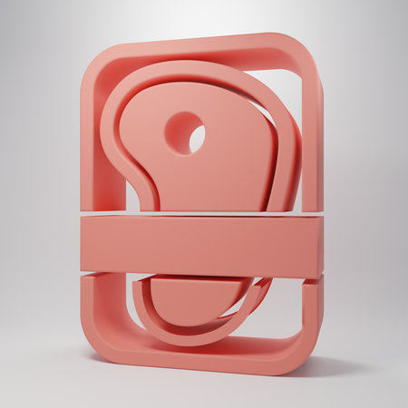 Pink Meat packaging steak icon isolated on pink background. Fresh meat beef steak in plastic package. Minimalism concept. 3D render illustration.の写真素材