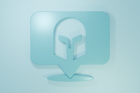 Blue Greek helmet icon isolated on blue background. Antiques helmet for head protection soldiers with a crest of feathers or horsehair. Minimalism concept. 3D render illustration.の写真素材