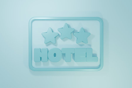 Blue Signboard outdoor advertising with text Hotel icon isolated on blue background. Minimalism concept. 3D render illustration.の写真素材