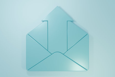 Blue Outgoing mail icon isolated on blue background. Envelope symbol. Outgoing message sign. Mail navigation button. Minimalism concept. 3D render illustration.の写真素材