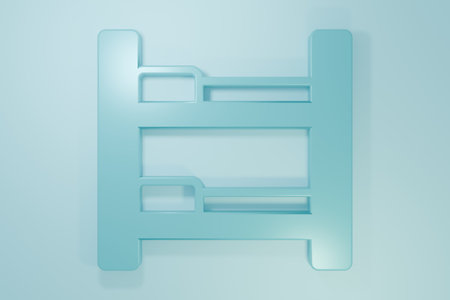 Blue Hotel room bed icon isolated on blue background. Minimalism concept. 3D render illustration.の写真素材