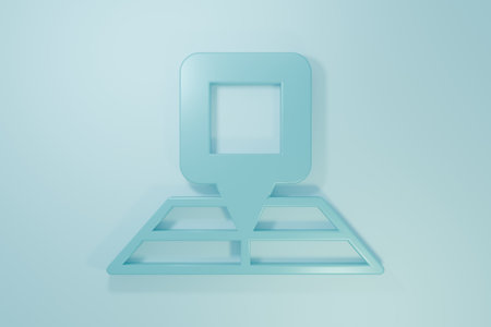 Blue Folded map with location marker icon isolated on blue background. Minimalism concept. 3D render illustration.の写真素材