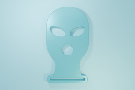 Blue Balaclava icon isolated on blue background. A piece of clothing for winter sports. Minimalism concept. 3D render illustration.の写真素材
