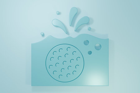 Blue Golf ball in water icon isolated on blue background. Minimalism concept. 3D render illustration.の写真素材