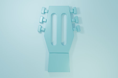 Blue Guitar icon isolated on blue background. Acoustic guitar. String musical instrument. Minimalism concept. 3D render illustration.の写真素材