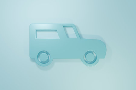 Blue Car icon isolated on blue background. Minimalism concept. 3D render illustration.の写真素材