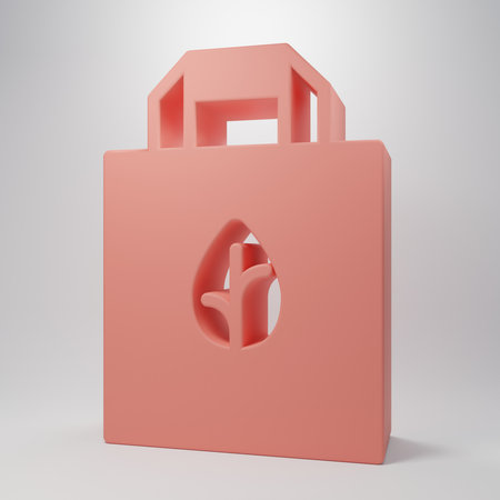 Pink Paper shopping bag with recycle icon isolated on pink background. Bag with recycling symbol. Minimalism concept. 3D render illustration.の写真素材