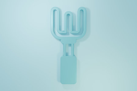 Blue Garden rake icon isolated on blue background. Tool for horticulture, agriculture, farming. Ground cultivator. Housekeeping equipment. Minimalism concept. 3D render illustration.の写真素材