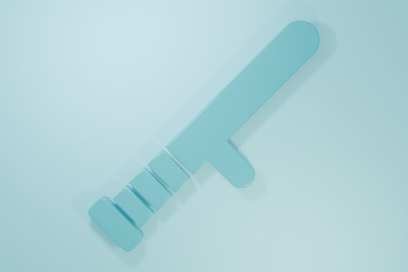 Blue Police rubber baton icon isolated on blue background. Rubber truncheon. Police Bat. Police equipment. Minimalism concept. 3D render illustration.の写真素材