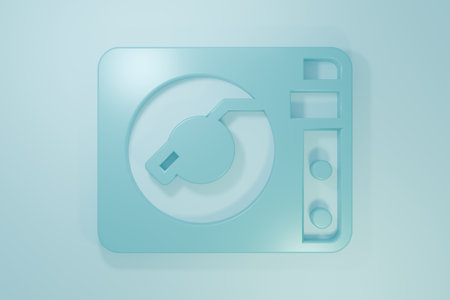 Blue Vinyl player with a vinyl disk icon isolated on blue background. Minimalism concept. 3D render illustration.の写真素材
