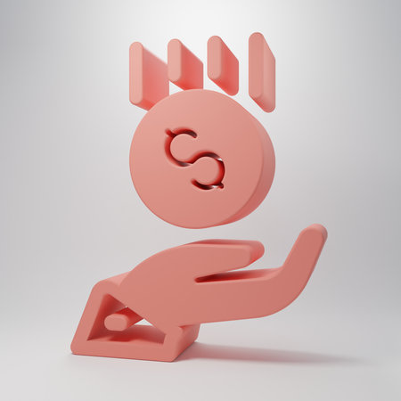 Pink Coins on hand - minimum wage icon isolated on pink background. Minimalism concept. 3D render illustration.の写真素材