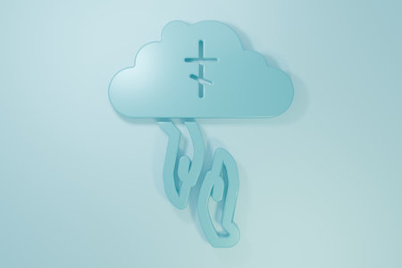 Blue helping hand icon isolated on blue background. Religion, bible concept. Divine help. Minimalism concept. 3D render illustration.の写真素材