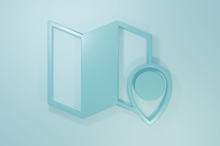 Blue Folded map with location marker icon isolated on blue background. Minimalism concept. 3D render...