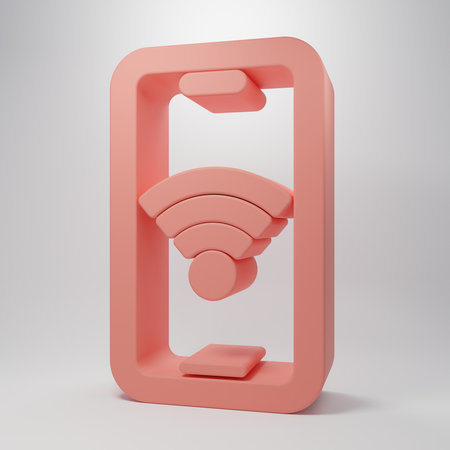 Pink Smartphone with free wi-fi wireless connection icon isolated on pink background. Wireless technology, wi-fi connection, wireless network. Minimalism concept. 3D render illustration.の写真素材