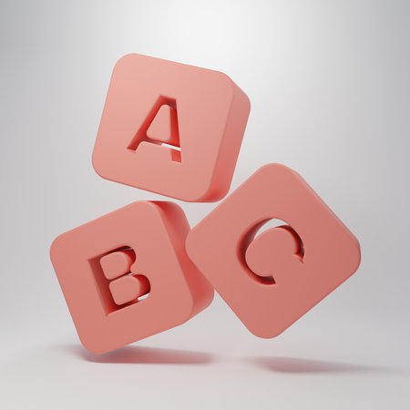 Pink ABC blocks icon isolated on pink background. Alphabet cubes with letters A,B,C. Minimalism concept. 3D render illustration.の写真素材