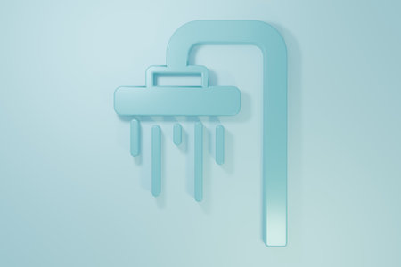 Blue Shower head with water drops flowing icon isolated on blue background. Minimalism concept. 3D render illustration.の写真素材