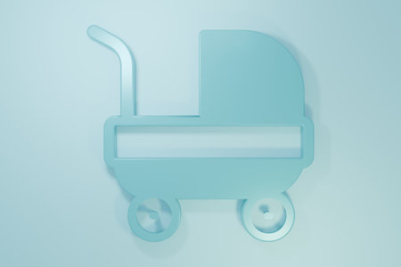 Blue Baby stroller icon isolated on blue background. Baby carriage, buggy, pram, stroller, wheel. Minimalism concept. 3D render illustration.の写真素材