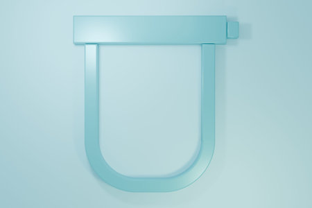 Blue Bicycle lock U shaped industrial icon isolated on blue background. Minimalism concept. 3D render illustration.の写真素材