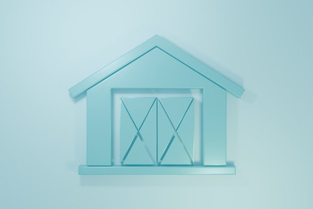 Blue Farm house icon isolated on blue background. Minimalism concept. 3D render illustration.の写真素材
