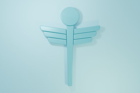 Blue Caduceus snake medical symbol icon isolated on blue background. Medicine and health care. Emblem for drugstore or medicine, pharmacy. Minimalism concept. 3D render illustration.の写真素材