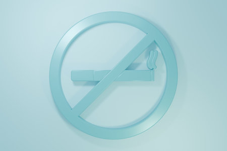 Blue No Smoking icon isolated on blue background. Cigarette symbol. Minimalism concept. 3D render illustration.の写真素材