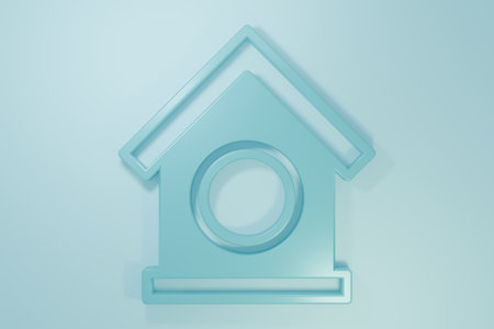 Blue Dog house icon isolated on blue background. Dog kennel. Minimalism concept. 3D render illustration.の写真素材