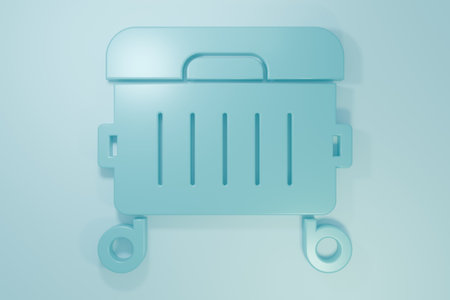 Blue Trash can icon isolated on blue background. Garbage bin sign. Recycle basket icon. Office trash icon. Minimalism concept. 3D render illustration.の写真素材