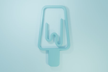 Blue Ice cream icon isolated on blue background. Sweet symbol. Minimalism concept. 3D render illustration.の写真素材