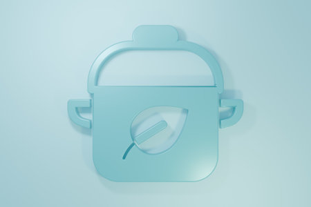 Blue Vegan food diet icon isolated on blue background. Organic, bio, eco symbol. Vegan, no meat, lactose free, healthy, fresh and nonviolent food. Minimalism concept. 3D render illustration.の写真素材