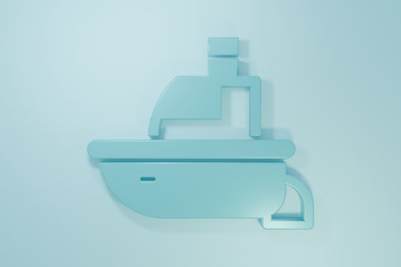 Blue Toy boat icon isolated on blue background. Minimalism concept. 3D render illustration.の写真素材