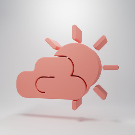 Pink Sun and cloud weather icon isolated on pink background. Minimalism concept. 3D render illustration.の写真素材