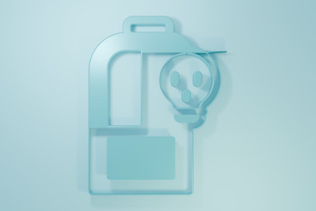 Blue chemical beaker with toxic liquid icon isolated on blue background. Biohazard symbol. Dangerous symbol with radiation icon. Minimalism concept. 3D render illustration.の写真素材