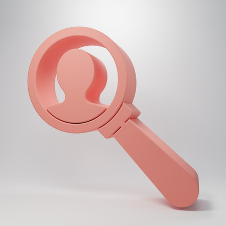 Pink Magnifying glass for search a people icon isolated on pink background. Recruitment or selection. Search for employees and jobs. Minimalism concept. 3D render illustration.の写真素材