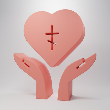 Pink Religious cross in the heart inside icon isolated on pink background. Love of God, Catholic and Christian symbol. People pray. Minimalism concept. 3D render illustration.の写真素材