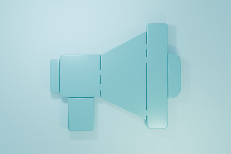 Blue Megaphone icon isolated on blue background. Loud speech alert concept. Bullhorn for Mouthpiece scream promotion. Minimalism concept. 3D render illustration.の写真素材