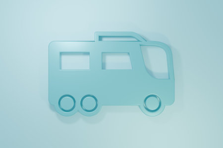 Blue Bus icon isolated on blue background. Transportation concept. Bus tour transport. Tourism or public vehicle symbol. Minimalism concept. 3D render illustration.の写真素材