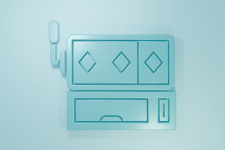 Blue Slot machine icon isolated on blue background. Minimalism concept. 3D render illustration.の写真素材