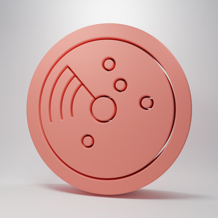 Pink Radar with targets on monitor in searching icon isolated on pink background. Search system. Navy sonar. Minimalism concept. 3D render illustration.の写真素材
