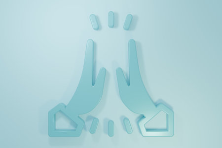 Blue Informal greeting icon isolated on blue background. Happy people giving high five. Minimalism concept. 3D render illustration.の写真素材