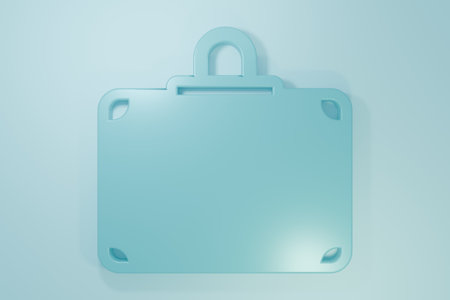 Blue Suitcase for travel icon isolated on blue background. Traveling baggage sign. Travel luggage icon. Minimalism concept. 3D render illustration.の写真素材