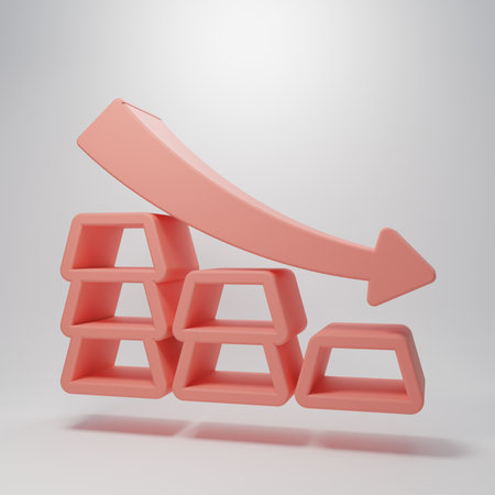 Pink Finance falling chart arrow with gold bars icon isolated on pink background. Financial success concept. Gold investment concept. Minimalism concept. 3D render illustration.の写真素材