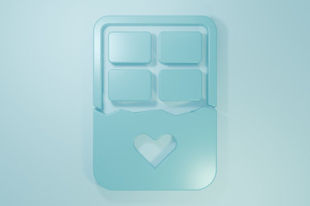 Blue Chocolate bar icon isolated on blue background. Minimalism concept. 3D render illustration.の写真素材